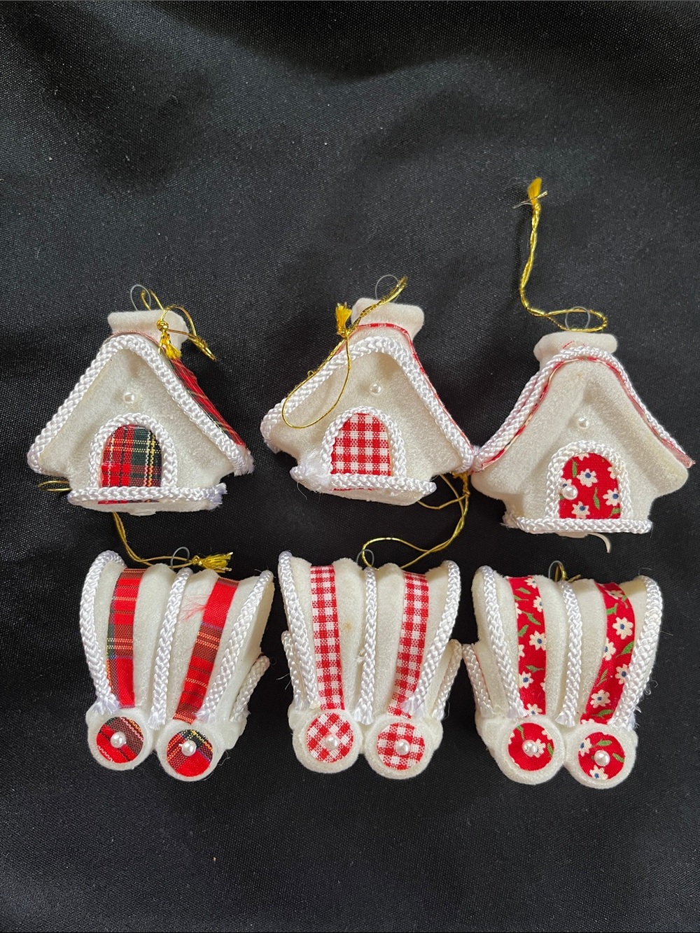 6 Vtg Flocked Blow Mold Christmas Ornaments 3 Wagons 3 Houses White/Red Japan
